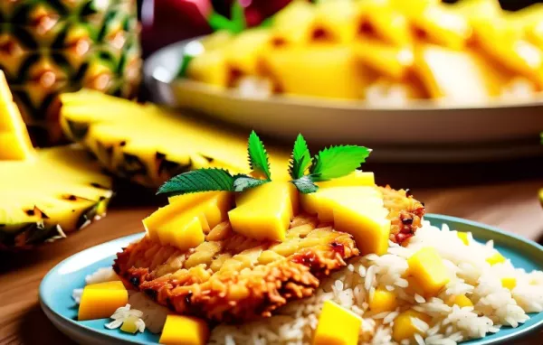 Genießen Sie ein exotisches Geschmackserlebnis mit überbackenen Schnitzeln und fruchtigem Ananas-Mango Reis.