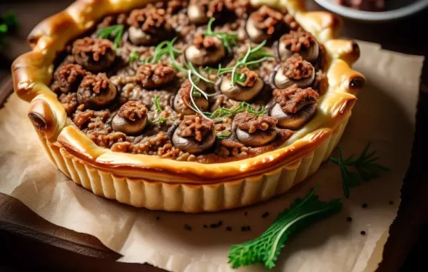 Köstliche Steinpilz-Tarte mit würzigem Faschiertem und cremigem Guss