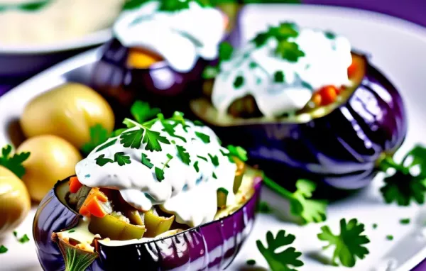 Köstliches Rezept für gefüllte Melanzani mit Petersilerdäpfel und Sauerrahm-Dip