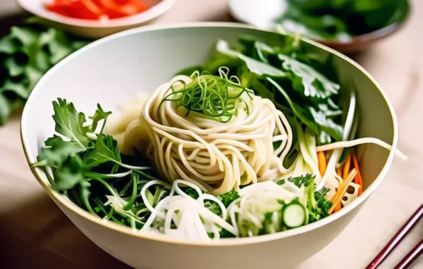 Leckeres Nudel-Nest mit frischen Kohlrabi-Blättern und knackigem Salat