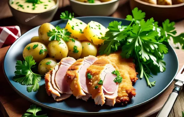 Putenschnitzel gerollt mit Petersilerdäpfel