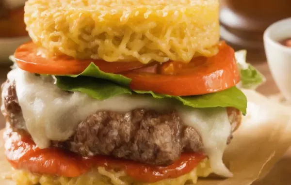 Saftiger Burger mit Ramen-Nudeln und würzigem Belag