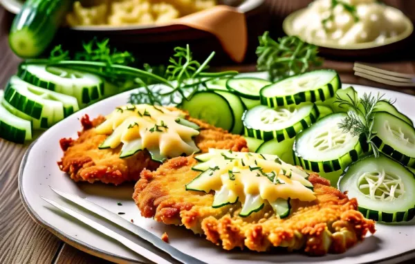 Zarte Kalbsschnitzel mit knuspriger Käsekruste und aromatischem Gurken-Gemüse