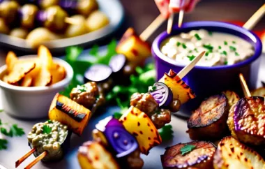 Leckere Spieße mit knusprigen Ofenkartoffeln und cremigem Melanzanidip