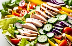 Sommerlicher Schichtsalat mit frischem Gemüse und Hühnerbrust